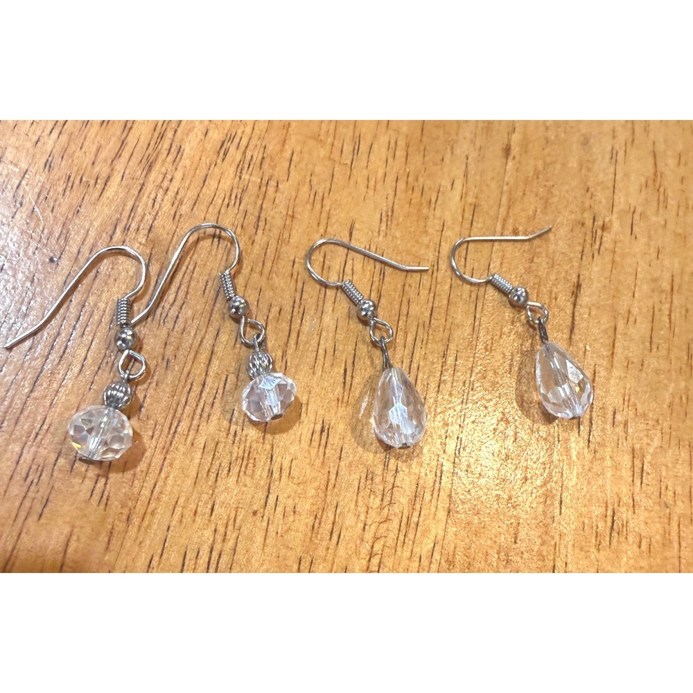 Set of 2 Clear Crystal Beaded Dangle Earrings Silver Tone Round Teardrop Drop